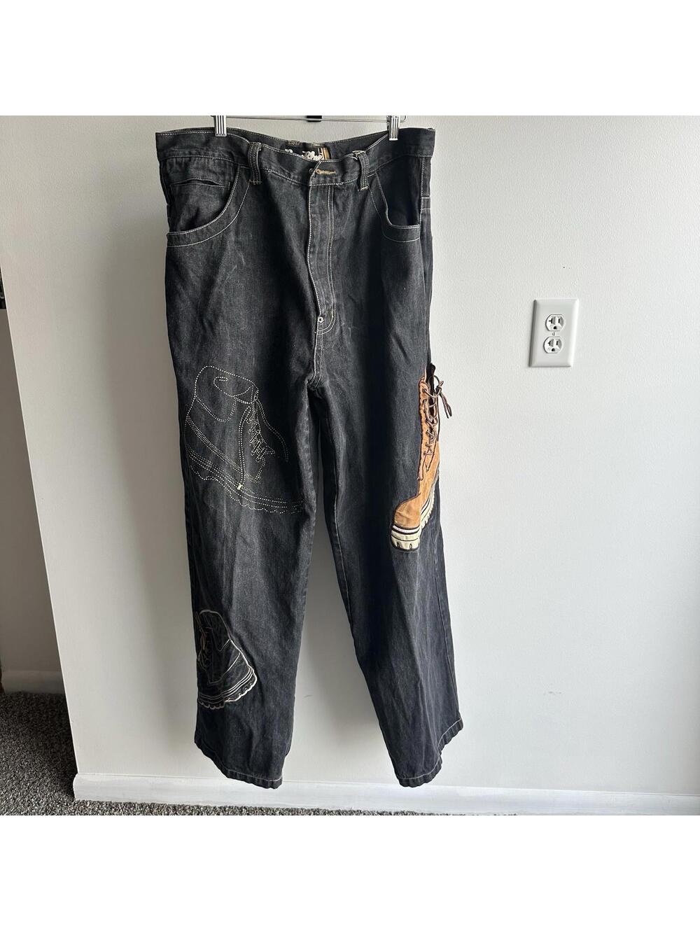 Vintage Raw Blue Shoe Boot Black Jeans Size 38x34 Y2K Skater Wide Leg Embroider
